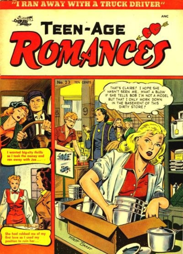Ein buntes Plakat mit der Aufschrift "Teen-Age Romances 23-A by DC", das eine Gruppe von Menschen in einer fröhlichen, romantischen Umarmung zeigt.