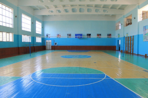 Große Turnhalle mit blau-weißem Boden, einem Basketballfeld, einem Netz mit Pfosten, einer Tür, Fenstern, Plakaten an den Wänden, einem Geländer und einem Dach.