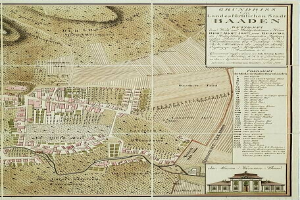 Alte detaillierte Karte von Baden-Württemberg, Deutschland, mit Straßen, Gebäuden und Sehenswürdigkeiten, mit einem Gebäude im rechten unteren Eck.