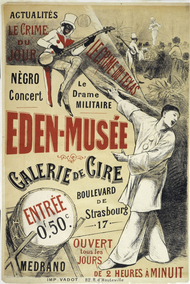 Plakat, das das Eden-Musee Galerie de Cire in Straßburg, Frankreich, ankündigt und eine Person zeigt, die ein Musikinstrument spielt, umgeben von anderen Musikern mit Text, der die Veranstaltungsdetails bereitstellt.