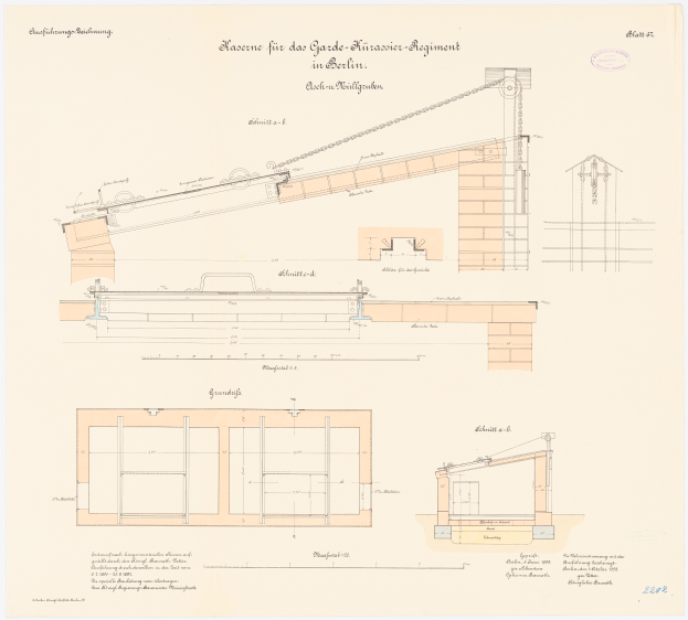 Zeichnung eines Gebäudes mit einem Kran darauf, das als Teil des Häschen für das Garde-Münster-Regiment in Berlin bezeichnet wird, auf einem Stück Papier mit Text.