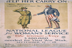 Plakat für den Nationalen Verband für Frauenarbeit mit zwei Personen nebeneinander und Textinformationen über die Organisation.