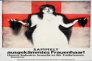 Ein deutscher Propagandaplakat mit einer Frau mit langen Haaren und Text, der Informationen über sie enthält.