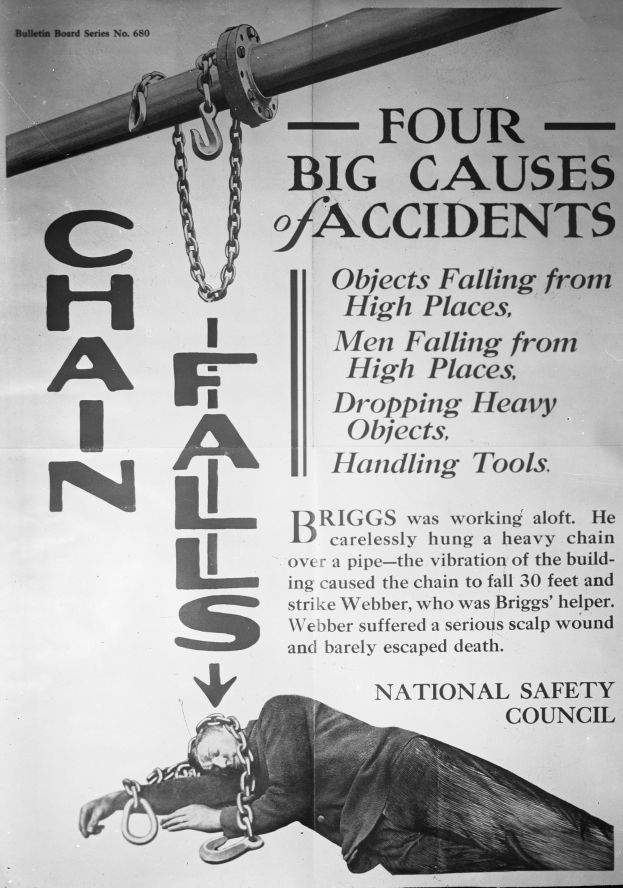 Schwarzes und weißes Plakat mit der Überschrift "Vier große Unfallursachen" mit einem Bild einer Person auf einem Pfahl mit Ketten.