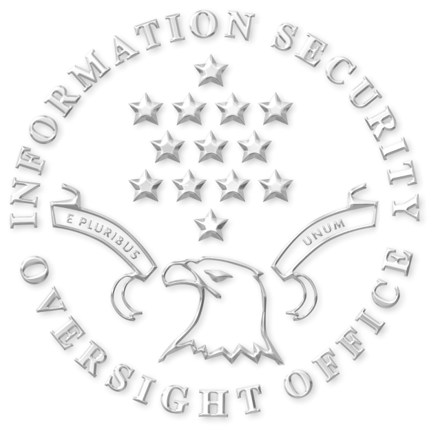 Das Logo zeigt ein Schild mit einem stolz blickenden, ausgebreiteten Adlers mit einer Lorbeerkranz umrahmt und den schwarzen, fetten Buchstaben "Information Security Oversight" auf einem weißen Hintergrund.