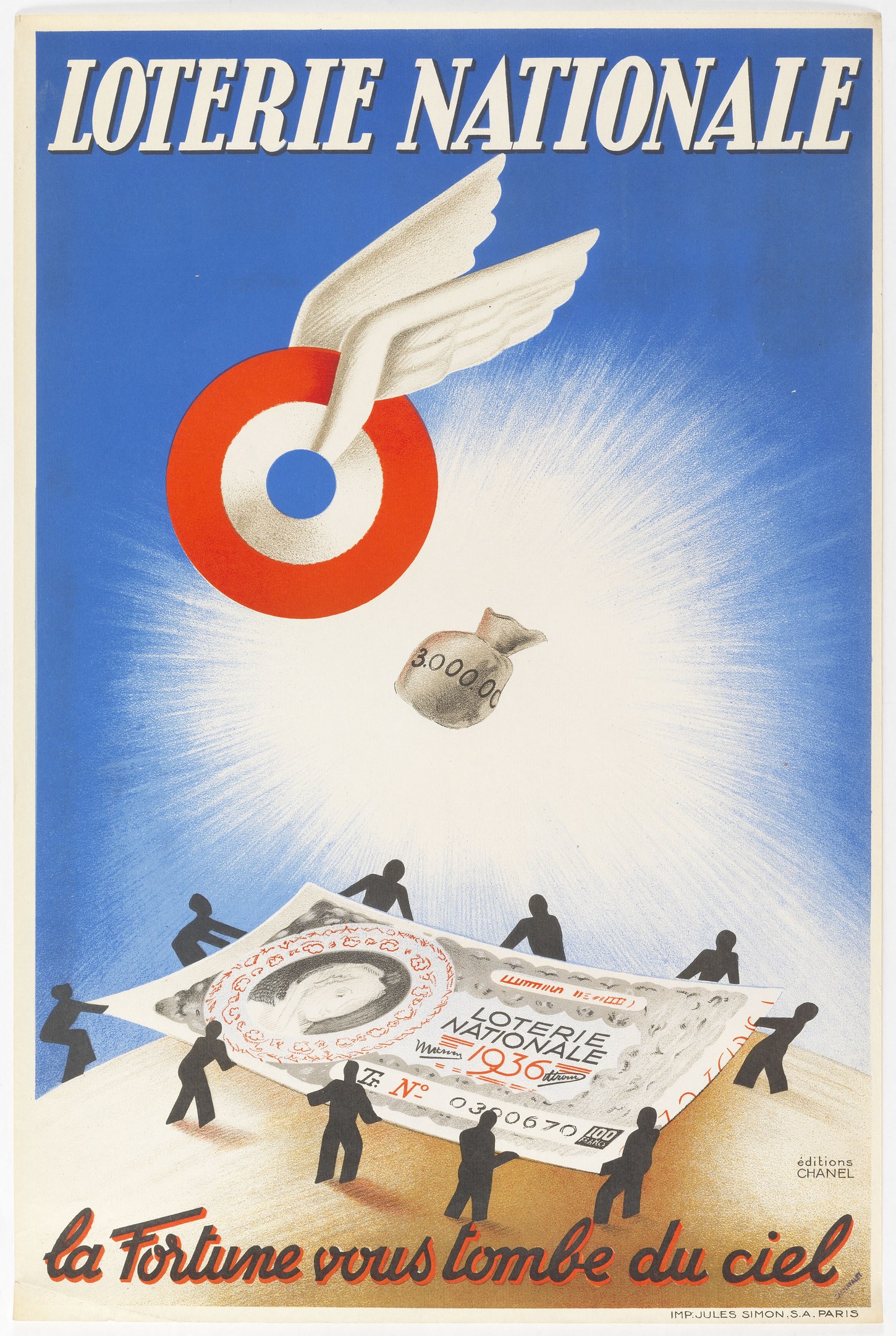 Ein Plakat für eine nationale Lotterie mit einem Vogel, der über einen Geldhaufen fliegt, und Werbetext.