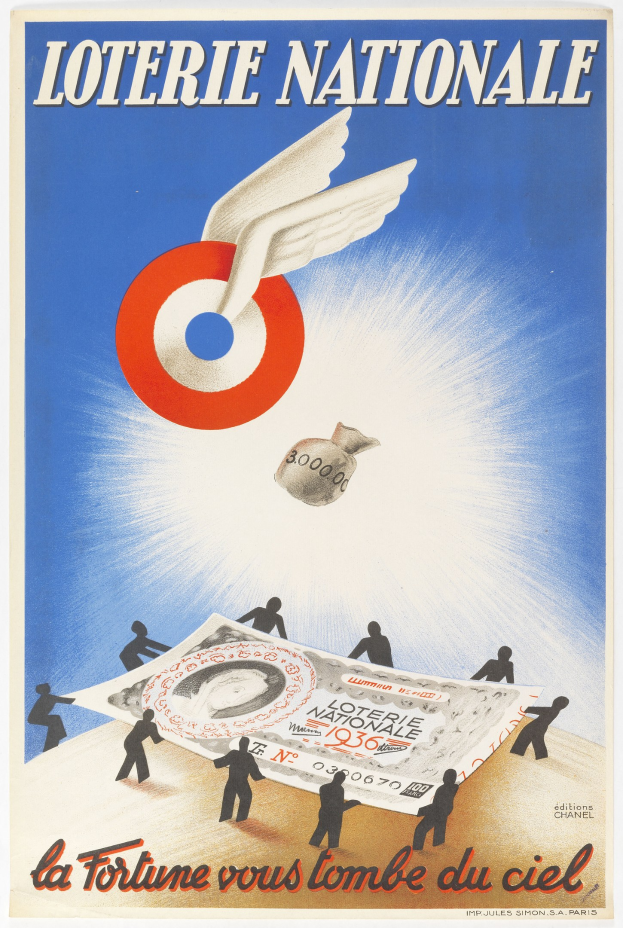Ein Plakat für eine nationale Lotterie mit einem Vogel, der über einen Geldhaufen fliegt, und Werbetext.
