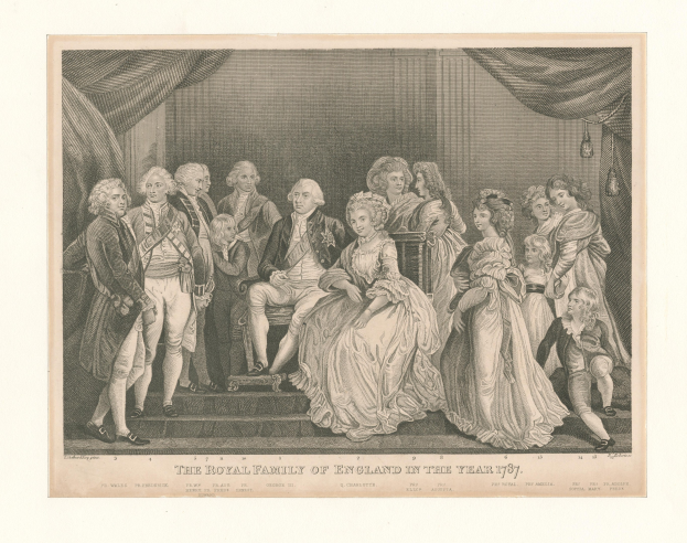 A group portrait of the English royal family in 1787, with individuals standing and sitting on stairs against a curtained wall, accompanied by text at the bottom.