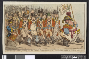 Gruppe von Männern in Militäruniformen marschiert auf einer Straße, einer hält einen Stock in der Hand, mit Text unten: 'Ergänzender Landsturm, Ausmarsch für zwanzig Tage Vergnügen'.