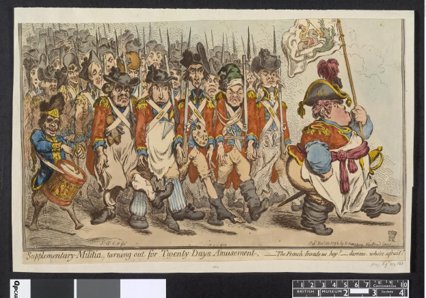 Gruppe von Männern in Militäruniformen marschiert auf einer Straße, einer hält einen Stock in der Hand, mit Text unten: 'Ergänzender Landsturm, Ausmarsch für zwanzig Tage Vergnügen'.