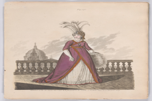 Frau in einem purpurfarbenen und weißen Kleid mit Federn auf dem Kopf, die vor einem Geländer mit einem Gebäude und Wolken im Hintergrund steht, beschriftet mit "Fashion of New York, New York Street, 1790."