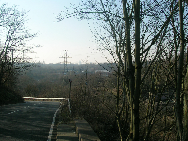 Eine Straße mit einer Barriere, Bäumen, einem Übertragungsturm mit Stromleitungen und einem klaren Himmel.