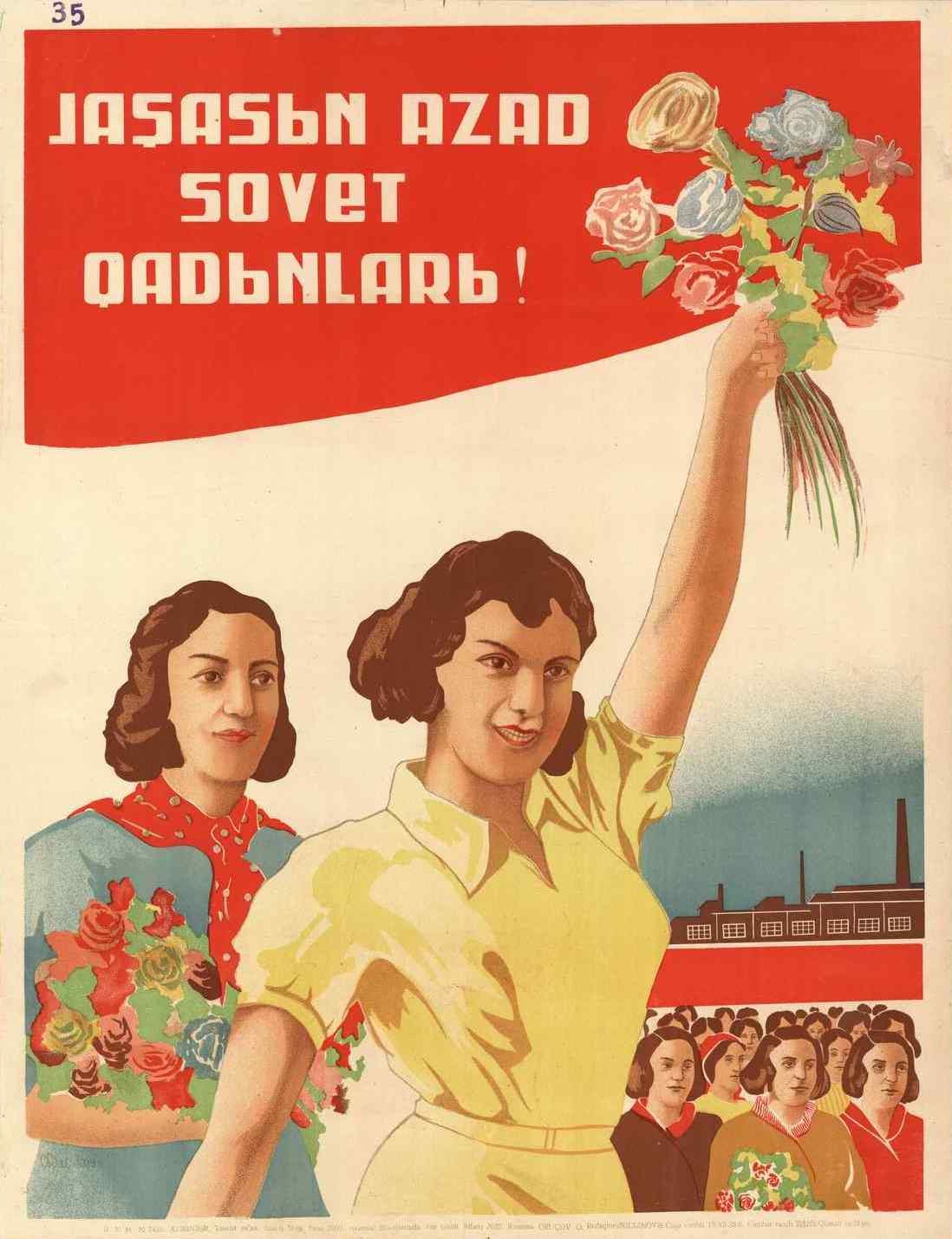 Sowjetisches Propagandaplakat zum Internationalen Frauentag, das eine Frau mit Blumen in der Hand zeigt, umgeben von einer Menge und einem Gebäude, mit der Aufschrift "Frauentag".