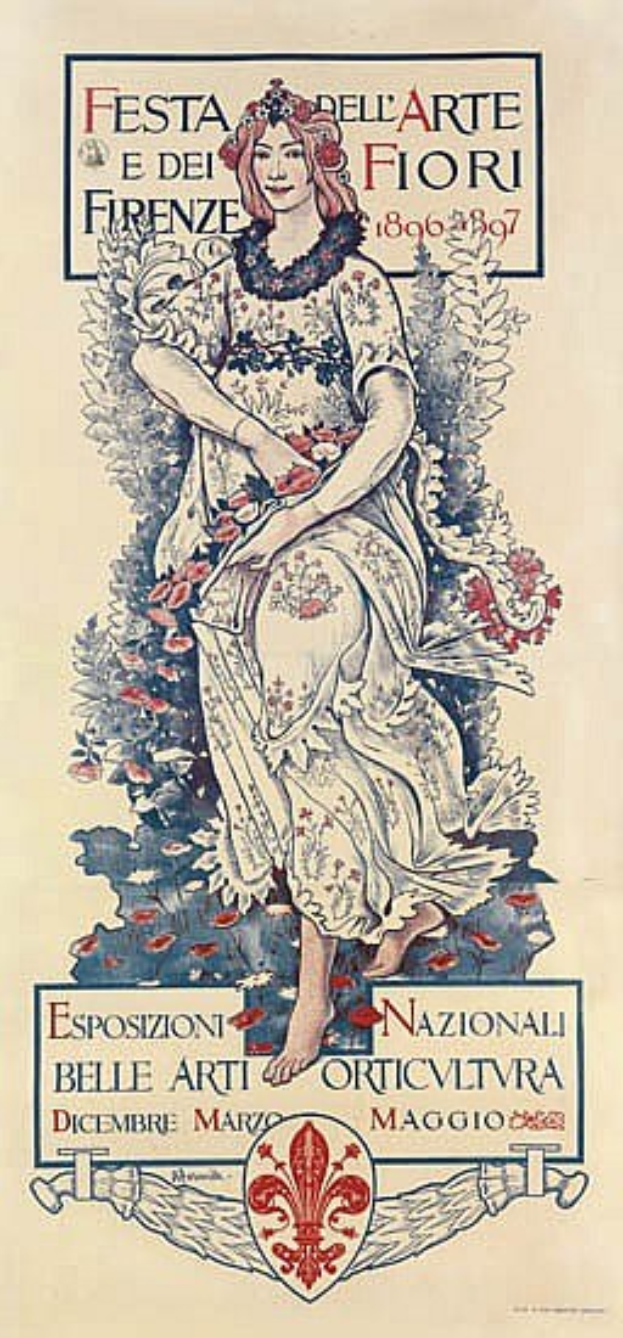 Ein Plakat für ein italienisches Festival, das eine Frau in einem langen weißen Kleid mit hohem Kragen und einem Knoten zeigt, vor einem hellblauen Hintergrund mit fetter schwarzer Schrift.