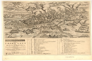 Ein detaillierter alter Stadtplan von Magdeburg, Deutschland, der Straßen, Gebäude, Sehenswürdigkeiten und begleitenden Text mit Informationen zur Stadt zeigt.