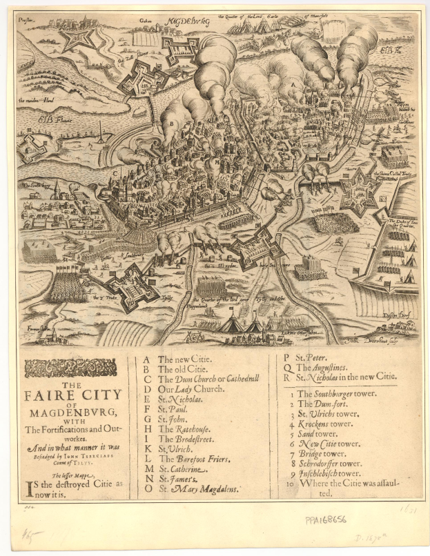 Ein detaillierter alter Stadtplan von Magdeburg, Deutschland, der Straßen, Gebäude, Sehenswürdigkeiten und begleitenden Text mit Informationen zur Stadt zeigt.