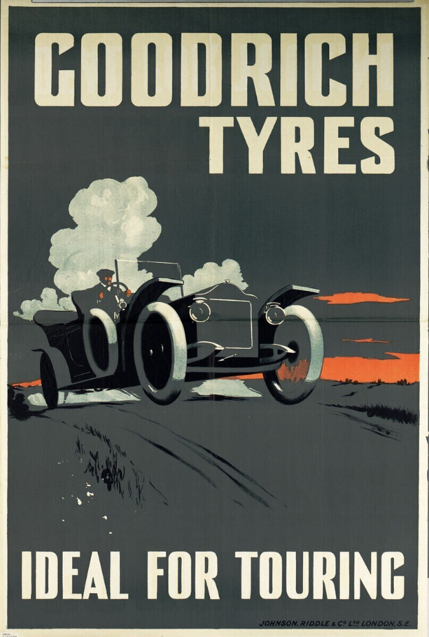Plakatwerbung für Goodrich Reifen, das einen Wagen mit einer Person im Inneren und Text zeigt, der Unternehmensinformationen bereitstellt.