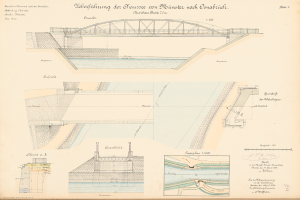 Eine alte Buchseite mit detaillierten Zeichnungen und Texten zum Bau einer Brücke über einen Fluss und eines Damms.