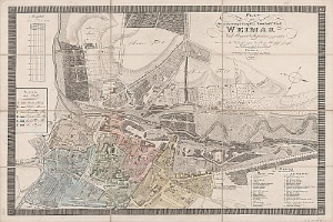 Ausführliche alte Karte von Weimar, Deutschland, zeigt Straßen, Gebäude und Sehenswürdigkeiten mit begleitendem Text über die Stadt.