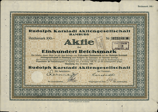 Ein altes deutsches Banknoten mit schwarzem Hintergrund und der Aufschrift "Rudolph Karlstadt Aktiengesellschaft Hamburg".