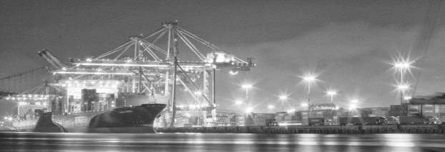 Ein Schiffbau mit Metallkonstruktionen, Laternen, Containern und Schiffen.