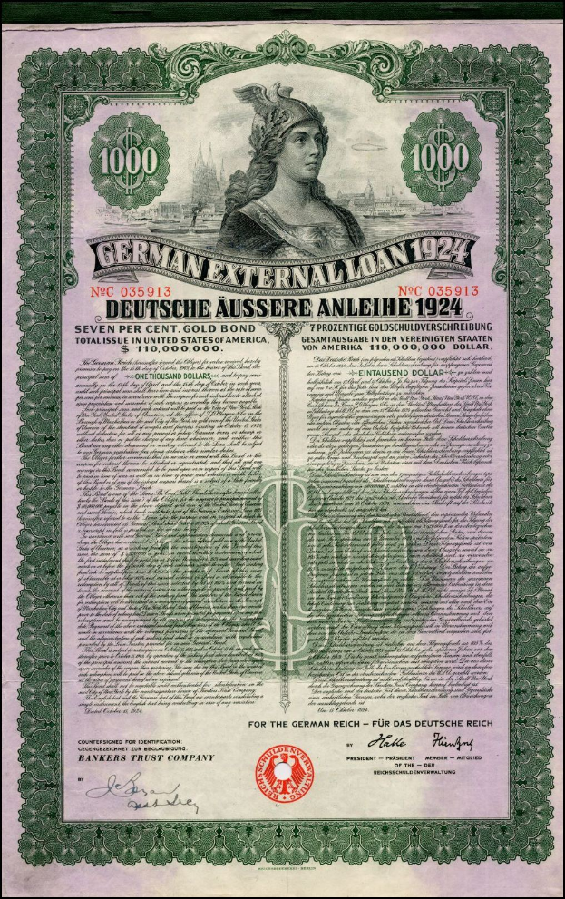 Deutsches Auslandsdarlehen-Zertifikat von 1924 mit einem Porträt einer Frau, mit gedrucktem Text und numerischer Benennung.