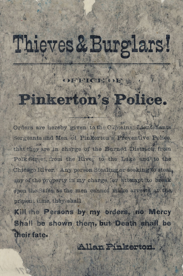 Plakat mit fettem schwarzem Text "Diebe & Einbrecher Pinkerton's Police" auf einem weißen Hintergrund, umrahmt von einem schmalen schwarzen Rand, zentrierter Text.
