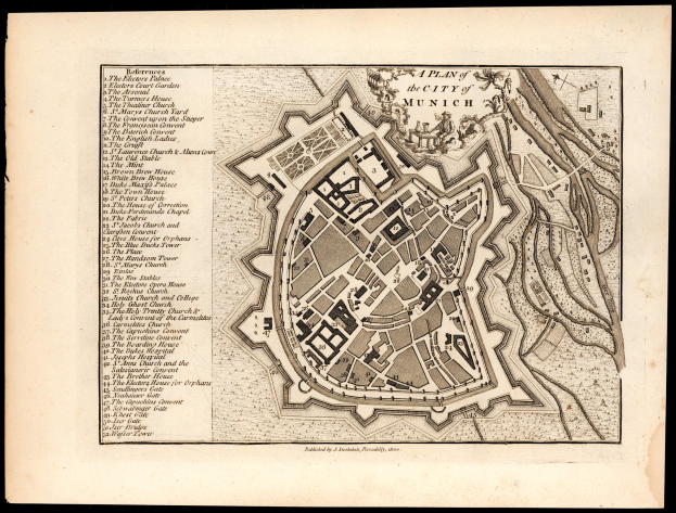 Ein detaillierter alter Stadtplan von München, Deutschland, auf schwarzem Hintergrund, der Straßen, Gebäude und Sehenswürdigkeiten zeigt, mit Text, der zusätzliche Informationen bereitstellt.
