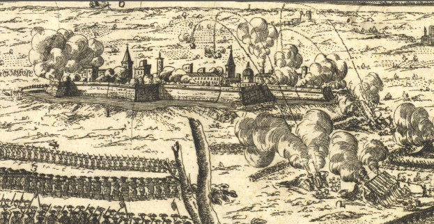 Eine Stadtansicht mit Rauch, Gebäuden, Bäumen und Menschen im Vordergrund, eingerahmt von Text oben und unten.