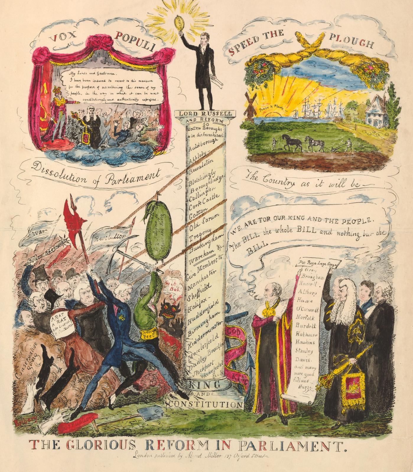 Ein bunt illustrierter Dokument titled "Die glorreichen Reform im Parlament", mit fetter Schrift und verschiedenen lächelnden Menschen, symbolisiert Fortschritt und Hoffnung.