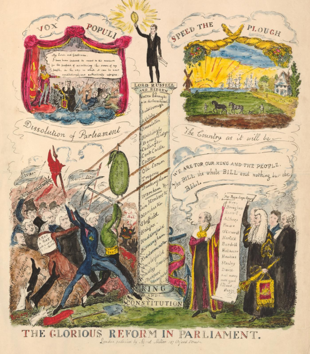Ein bunt illustrierter Dokument titled "Die glorreichen Reform im Parlament", mit fetter Schrift und verschiedenen lächelnden Menschen, symbolisiert Fortschritt und Hoffnung.