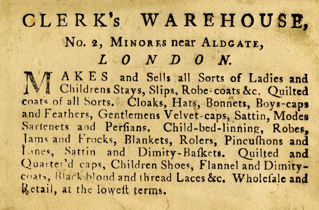 Schwarze-weiße Anzeige für Clerk's Warehouse, Nr. 2 Minories in der Nähe von Aldgate, London
