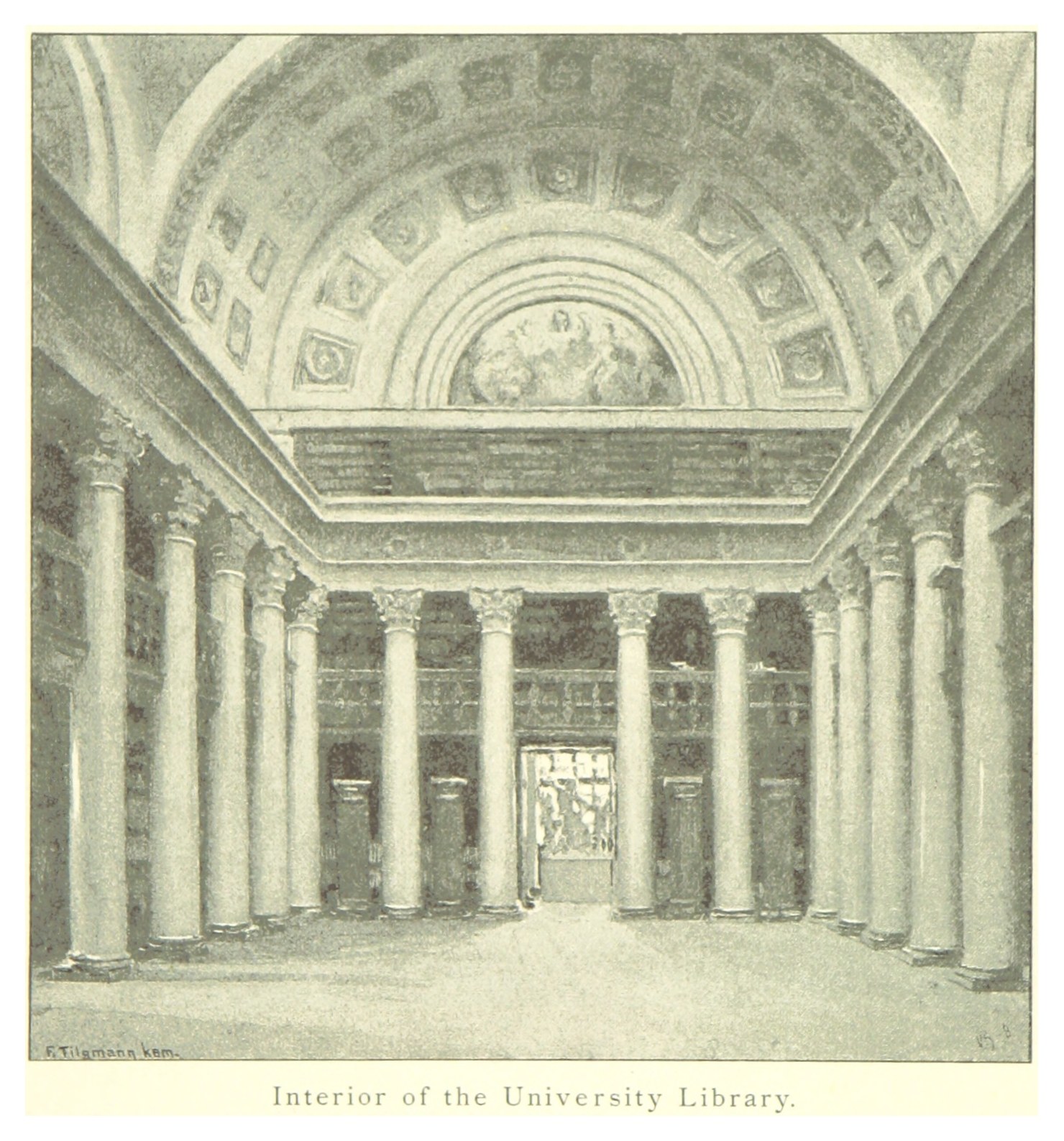 Das Innere einer prächtigen Universitätsbibliothek mit hohen Säulen und detaillierten Deckenentwürfen, mit Text am unteren Rand, der das Ästhetische betont.