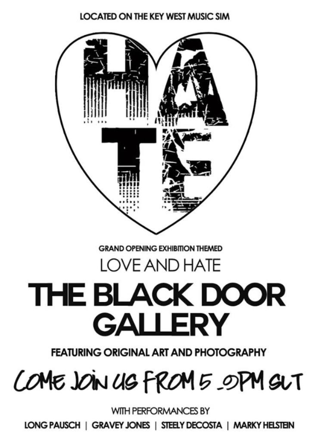 Ein weißes Plakat mit schwarzem Text und einem Herzsymbol in der Mitte mit dem Wort "HATE".