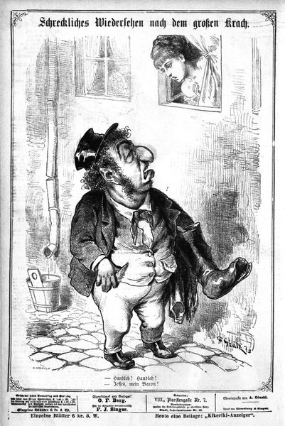 Cartoon-Illustration eines Mannes mit Zylinder und einer Frau in einem Kleid mit einer Wand, einem Fenster, einem Eimer und anderen Gegenständen im Hintergrund, darunter Text, der "F. J. Singer, der erste deutsche Politiker, der in den Kongress gewählt wurde" lautet.