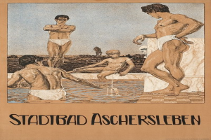 Gruppe von Menschen, die im Schwimmbad stehen und einer sitzt, Plakat für Aschersleben, Deutschland, mit Text über die Einrichtungen des Schwimmbads.