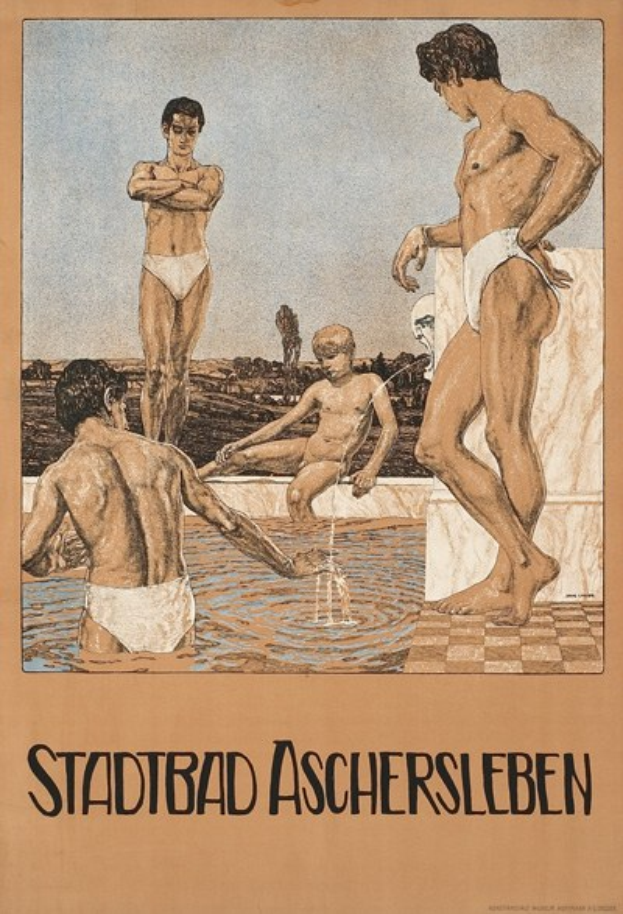 Gruppe von Menschen, die im Schwimmbad stehen und einer sitzt, Plakat für Aschersleben, Deutschland, mit Text über die Einrichtungen des Schwimmbads.