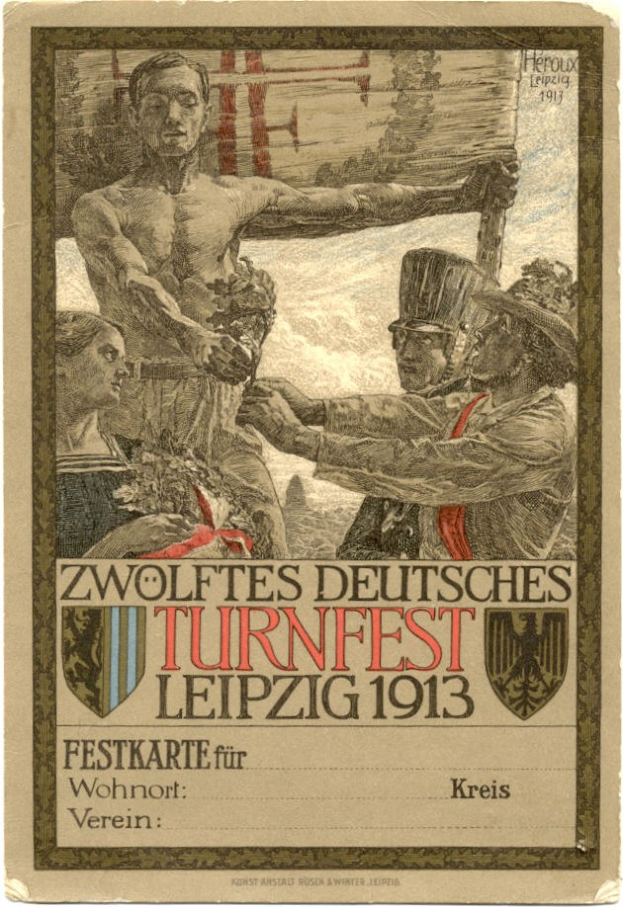 Plakat für das Zwölffes Deutsche Turnfest Leipzig 1913, das eine zentrale Personengruppe und Text mit Veranstaltungshinweisen zeigt.