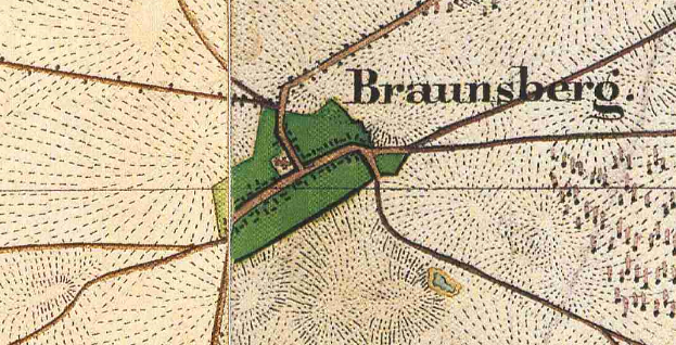Ein detailliertes altes Stadtplan von Braunsberg, Deutschland, der Straßen, Gebäude, Sehenswürdigkeiten und Text mit Informationen über die Bevölkerung, Lage und Geschichte der Stadt zeigt.