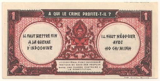 Alte französische Banknote mit ernst dreinschauendem Mann im Anzug, Text "A qui le crime profite-il?" und schwarzem Rand auf weißem Hintergrund.