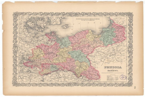 Alte gedruckte Karte, die die Provinzen Preußens und Sachsens mit klaren Grenzen auf altem Papier zeigt.