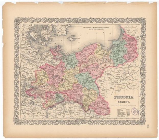 Alte gedruckte Karte, die die Provinzen Preußens und Sachsens mit klaren Grenzen auf altem Papier zeigt.