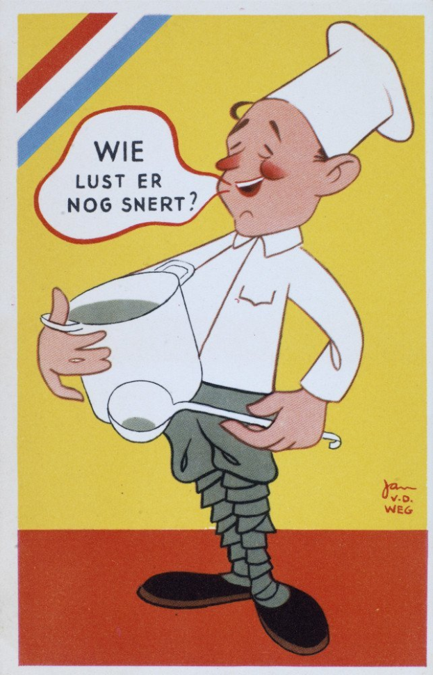 Ein Cartoon-Koch in weißer Uniform und Hut, der fröhlich in einer Küche mit Herd und Spüle steht und eine Schüssel und einen Löffel hält.