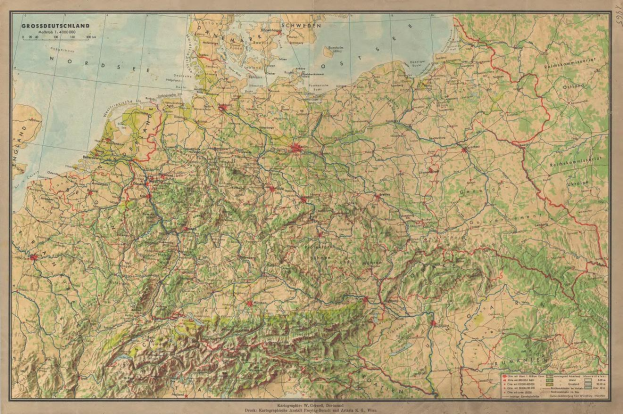 Detailierte alte Deutschland-Karte, die Straßen, Autobahnen und geografische Merkmale zeigt, mit Text oben und unten.