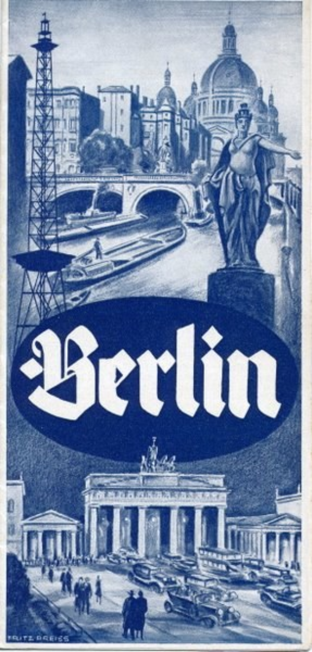 Plakat, das Berlin, Deutschland bewirbt und eine Statue, historische Gebäude, einen Turm, Menschen, Fahrzeuge auf einer Straße und eine Brücke zeigt, mit Text, der Stadtinformationen bereitstellt.