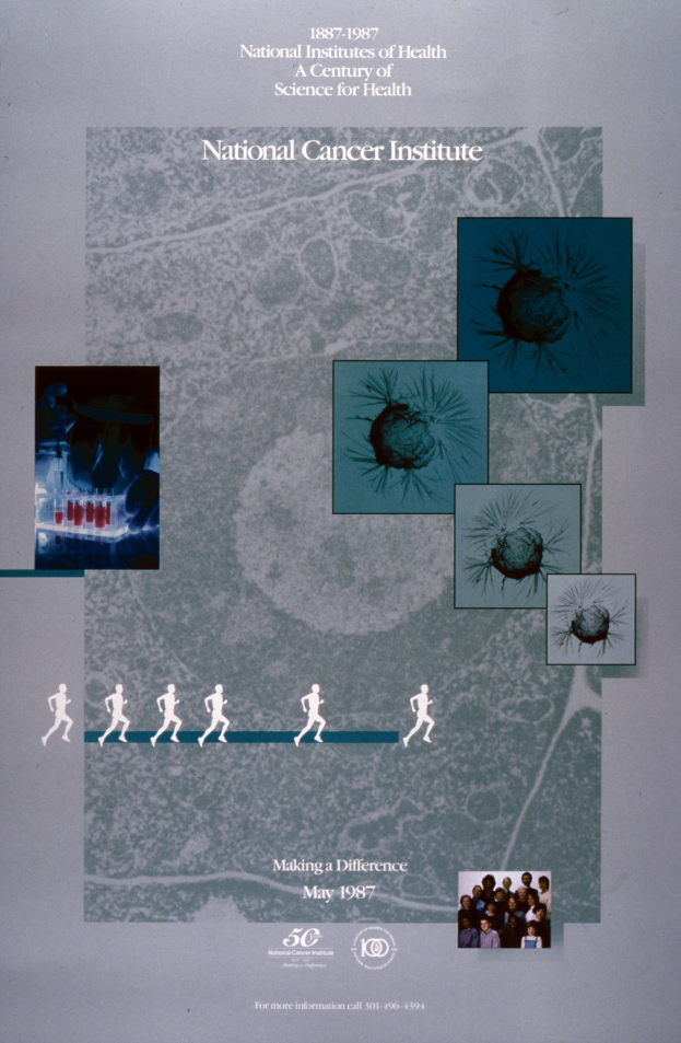 Leuchtend buntes Plakat für das National Cancer Institute mit blauem Hintergrund und weißer Schrift, das einen Kreis aus überlappenden, lächelnden Bildern von verschiedenen Menschen um den fetten, großgeschriebenen Titel zeigt.
