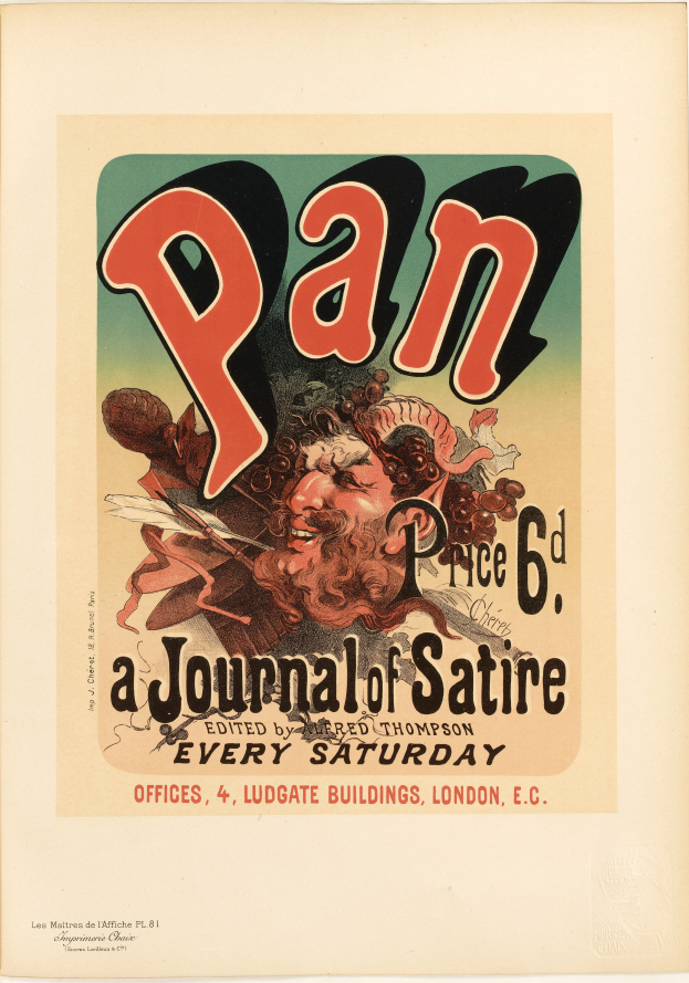 Ein Plakat mit einem Porträtfoto einer Person mit kurzen, dunklen Haaren in einem weißen Hemd, mit ernstem Gesichtsausdruck, und der Text "Pan: A Journal of Satire" in fetter, schwarzer Schrift.