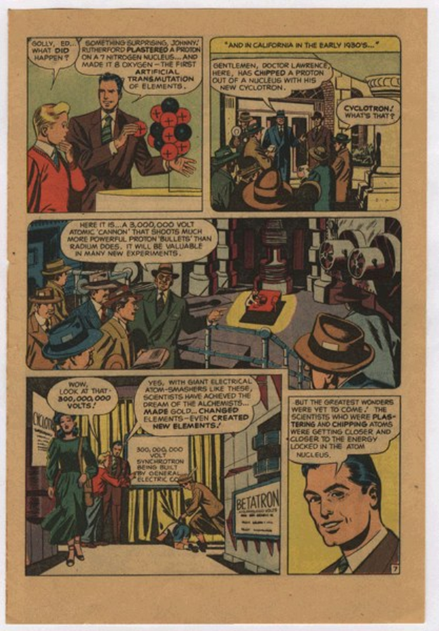 Eine Comic-Seite mit einem Mann in einem marineblauen Anzug, weissem Hemd und roter Krawatte mit einem ernsten Gesichtsausdruck, umgeben von einer Collage aus Illustrationen und fetter schwarzer Schrift.