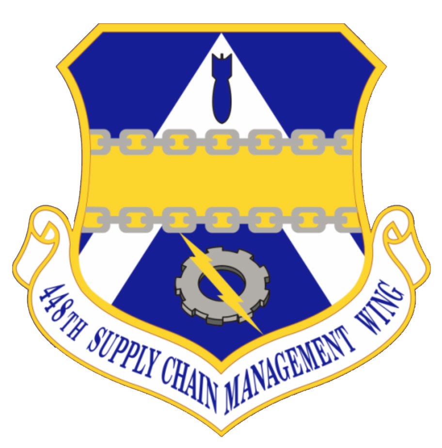 Logo der 48. Versorgungsmanagementstaffel mit einem blauen Schild mit einem weißen Stern, einem weißen Banner mit blauer Schrift, die "Versorgungsmanagement" lautet, und schwarzer Schrift "48. Versorgungsmanagementstaffel" in fetter Schrift.