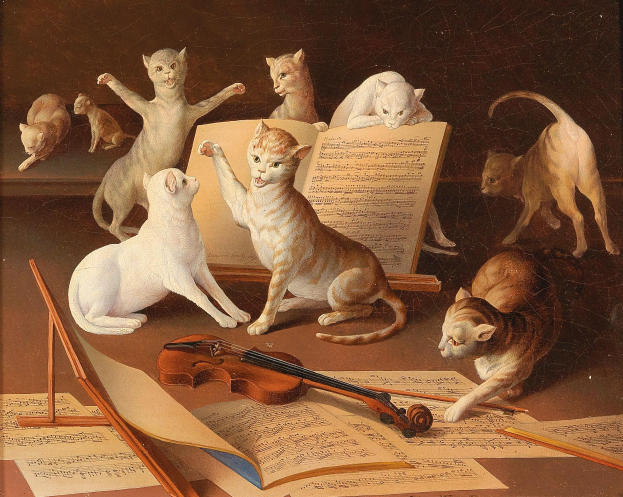 Ein Bild von mehreren Katzen, die auf einem Tisch musikalische Instrumente spielen, umgeben von Büchern und anderen Gegenständen, die fröhlich und zufrieden wirken.